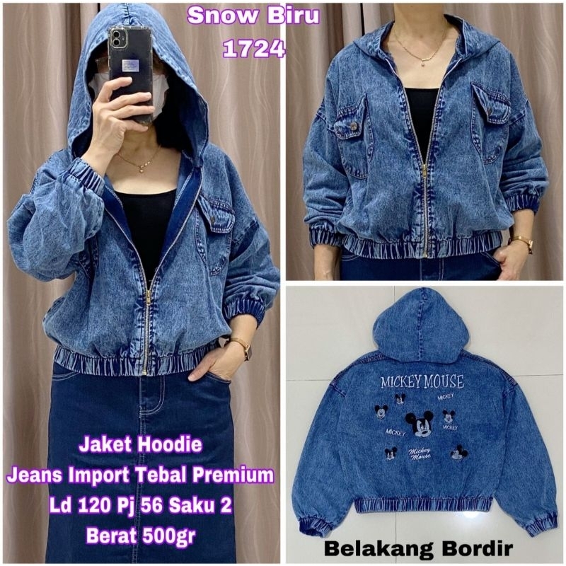 Jacket kode 1724 bahan jeans snow denim bordir motif Mickey Mouse jumbo 4L ld120 pj56, ada saku, sle