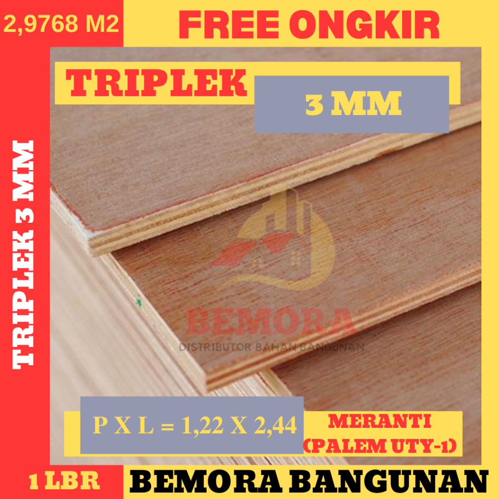 Triplek 3 mm Meranti Plm UTY Uk 122 x 244 (Harga Grosir & Free Ongkir)