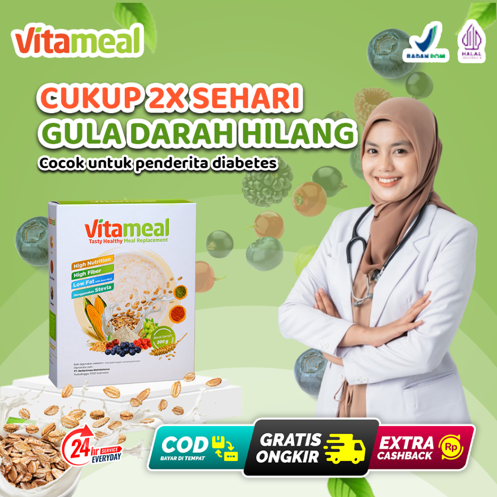 

VITAMEAL Sereal Sehat Multigrain Untuk Menurunkan Gula Darah Tinggi Menjaga Kadar Gula Atasi Diabetes Kolesterol Herbal Alami Tanpa Efek Samping 200ml Paket 2 Box