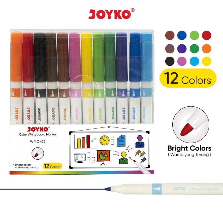 

Spidol Warna Papan Tulis Color Whiteboard Marker Joyko WMC63 12 Warna KODE C7A6