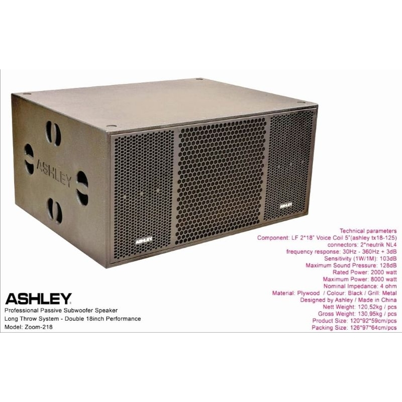 Subwoofer pasif ashley zoom 218 ashley zoom218 18'' 1 bh 2 x 18