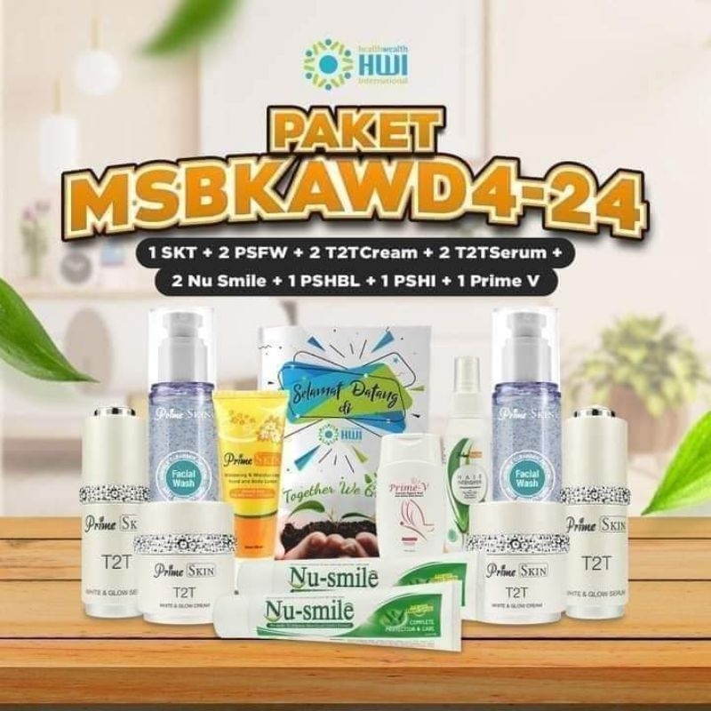 PAKET HEMAT KECANTIKAN HWI 100 % ORIGINAL _2 serum t2t_2 cream t2t_2 nu-smile_2 facial wash_ PRIME V