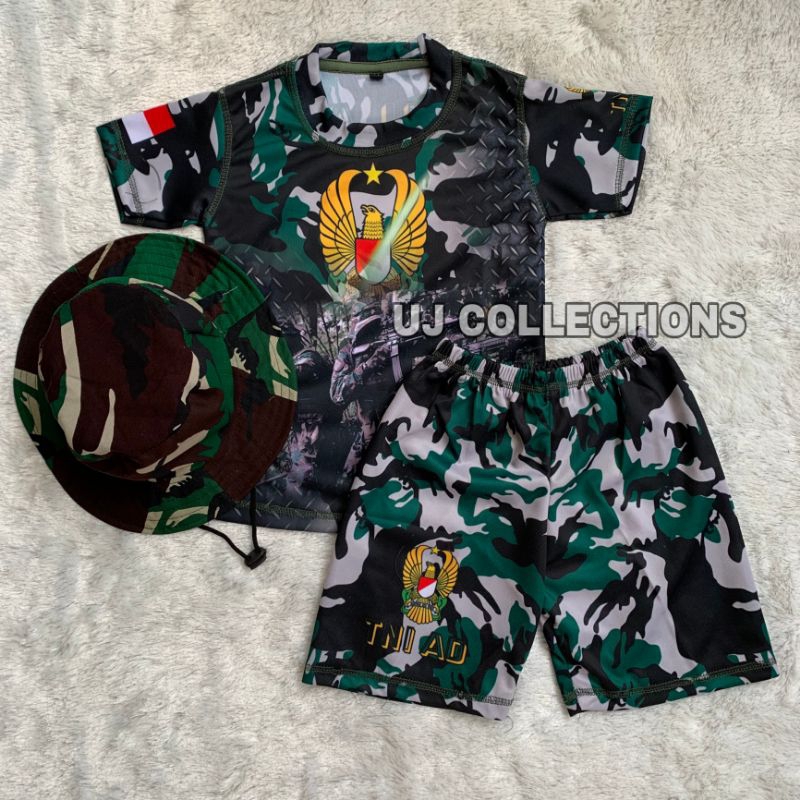 SETELAN JERSEY ANAK PENDEK PLUS TOPI RIMBA LORENG TNI AD - BAJU JERSEY ANAK SATU SET LORENG ARMY KID