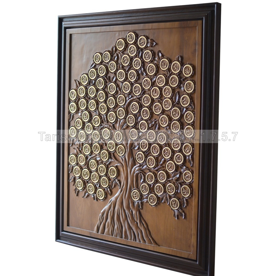 Hiasan dinding kaligrafi Asmaul Husna 99 Pohon Aesthetic Modern Kayu Jati Tua Ukir Jepara 120x100