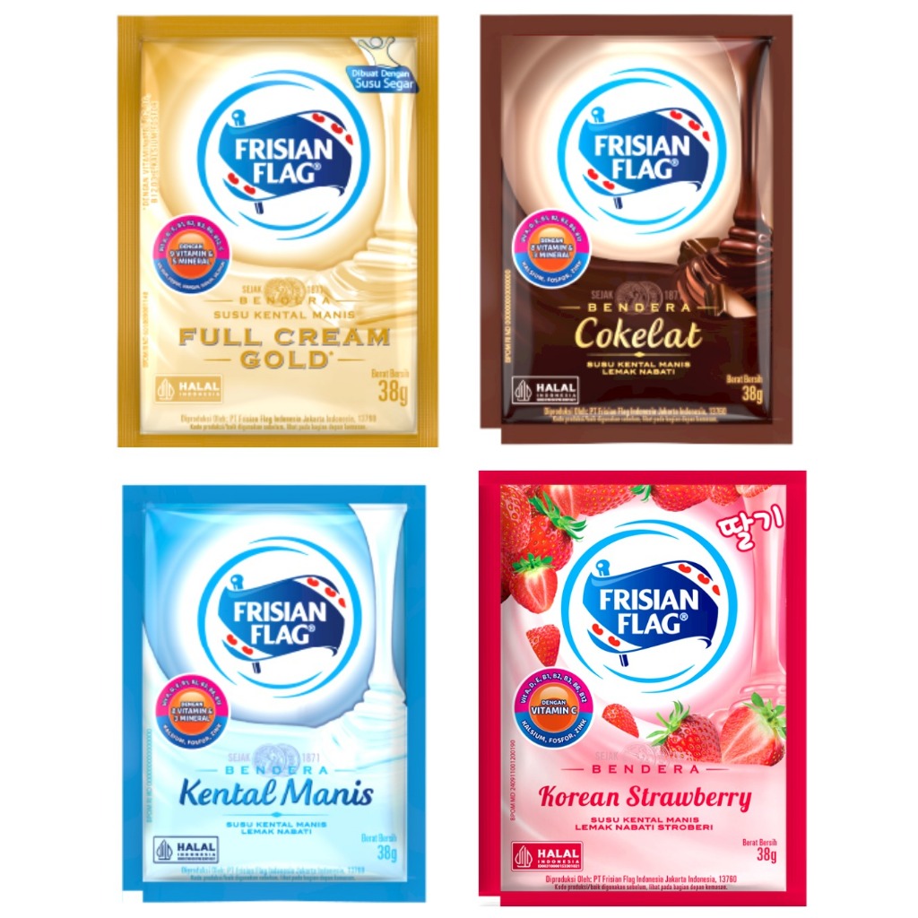 

FRISIAN FLAG SACHET ALL VARIAN COKELAT KOREAN STRAWBRRY GOLD 1 RENCENG 6 SACHET