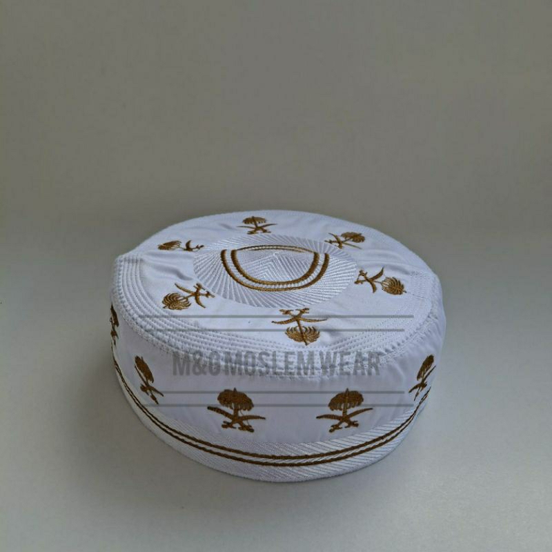 Peci Madinah Bugis Motif Bordir Premium| Peci Haji  | Songkok Putih | Motif Pohon Kurma