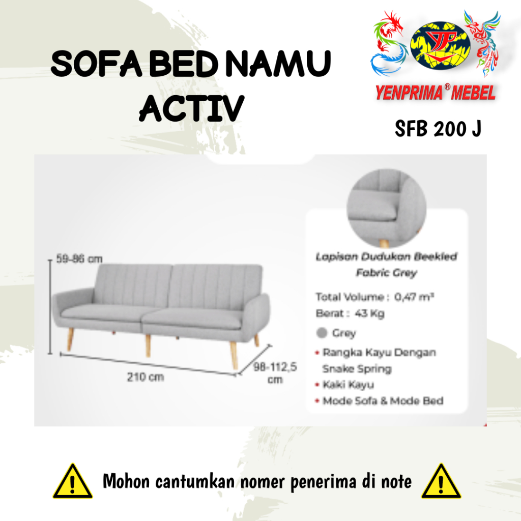 [YENPRIMA] Sofa Bed Activ Namu SFB 200 J / Sofa 4 Seater/ Grey