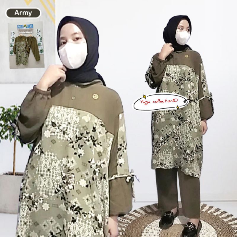 setelan celana tunik crinkle motif kombinasi/one set tunik jumbo terbaru/setcel long tunik masa kini