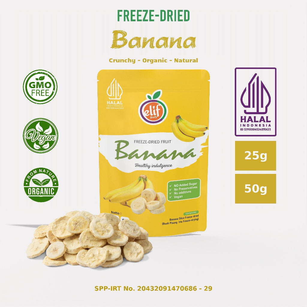 

ELIF FRUITS Freeze Dried Banana Slice Freeze Dried Pisang Iris Beku Kering Crispy