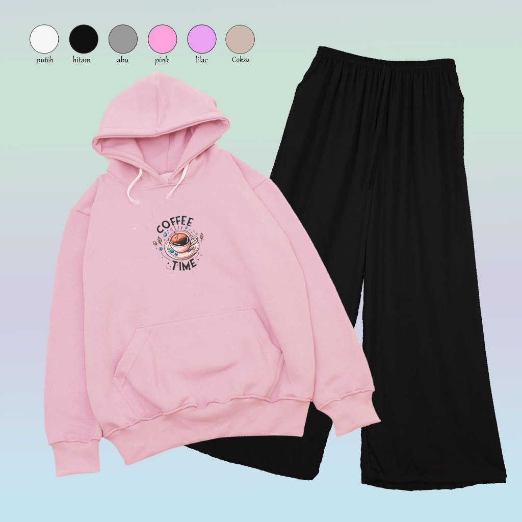 One Set Hoodie COFFEE TIME Setelan Hoodie Kombinasi Celana Kulot Bisa COD Remaja Wanita Korea Style