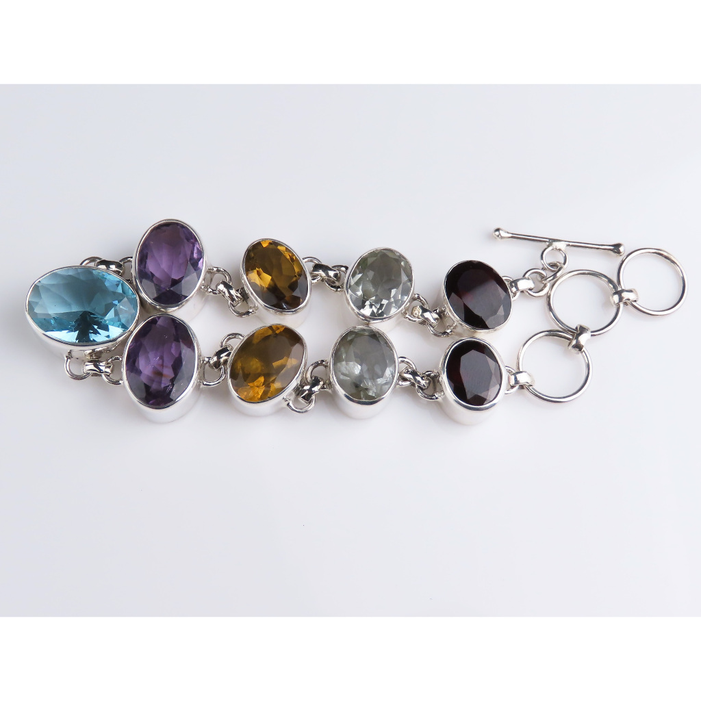 Gelang Perak, Permata Blue Topaz, Green Amethyst, Citrine, Amethyst, Dan Garnet, Gelang Permata