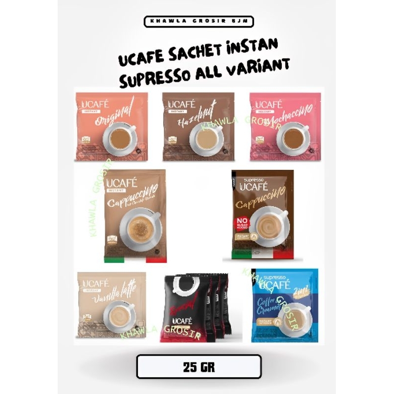 

KALSEL KOPI ORIGINAL SACHET INSTAN UCAFE SPESIAL SUPRESSO CAPPUCINO CREAM HEZELNUT LATTE 25 GR