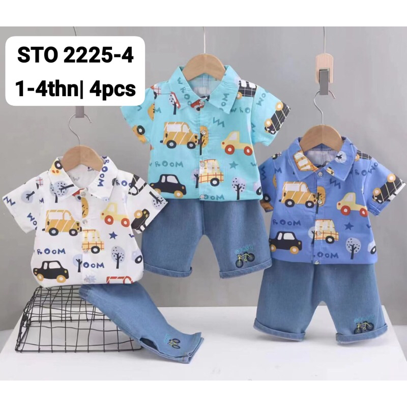 Baju anak cowok setelan size 2 - 5tahun / baju anak cowok celana jeans motif mobil / setelan anak co