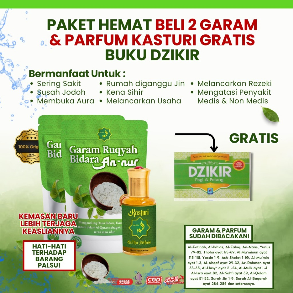 

PAKET HEMAT BELI 2 GARAM ANNUR 500gr & PARFUM KASTURI FREE BUKU PANDUAN DZIKIR