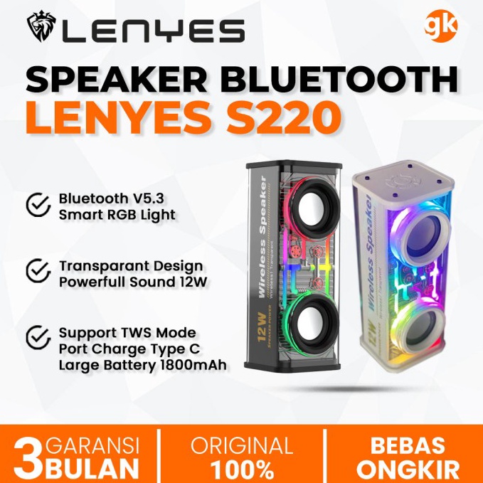 LENYES S22 TWS Speaker Bluetooth Wireless V53 Transparant Smart RGB Light HiFi Sound Bass Powerfull 