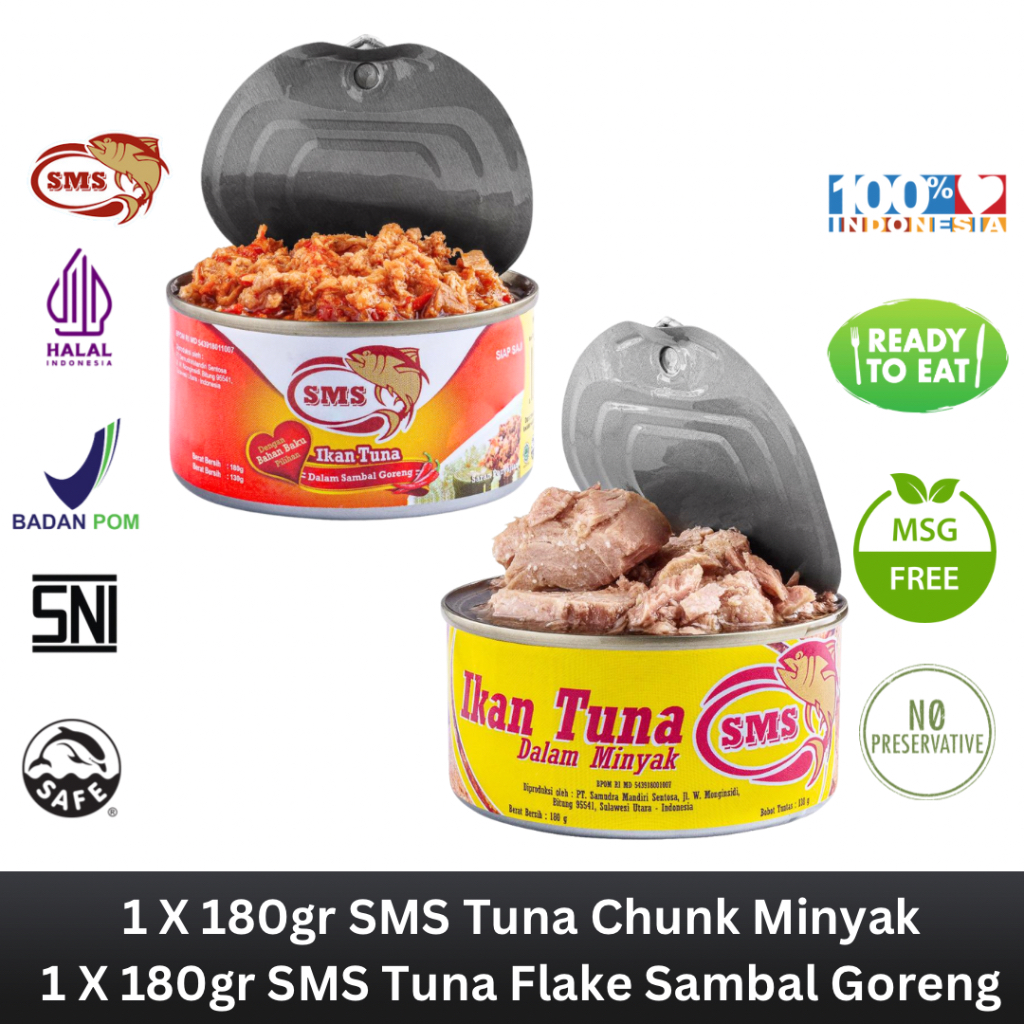 

SMS Tuna Kaleng Chunk Dalam Minyak 180g & SMS Tuna Kaleng Flake Dalam Bumbu Sambal Goreng 180g