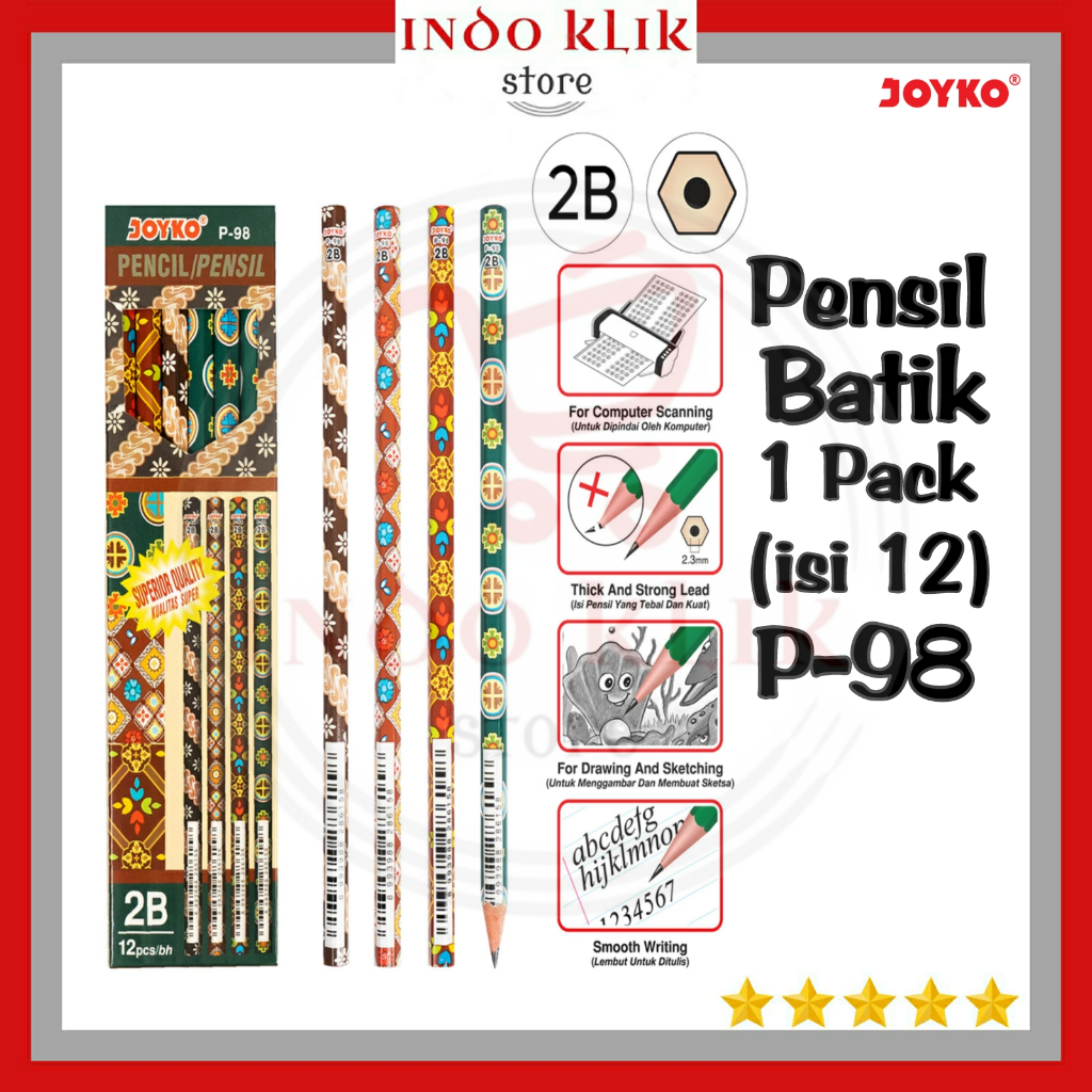 

Pensil Kayu Joyko 2B P-98 / Pensil Sekolah P 98 Motif Batik