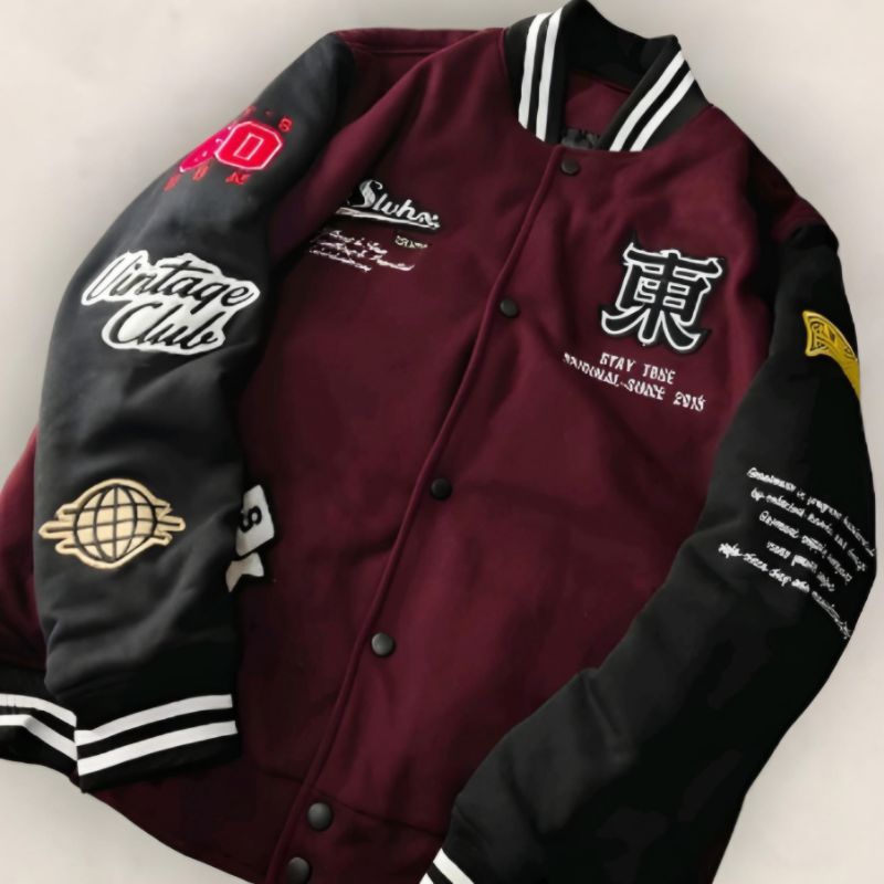 SEWEATER VARSITY MOTIF BASEBALL LAKI LAKI DAN PEREMPUAN JA-KET BOMBER VARSITY WANITA MOTIF PREMIUM B