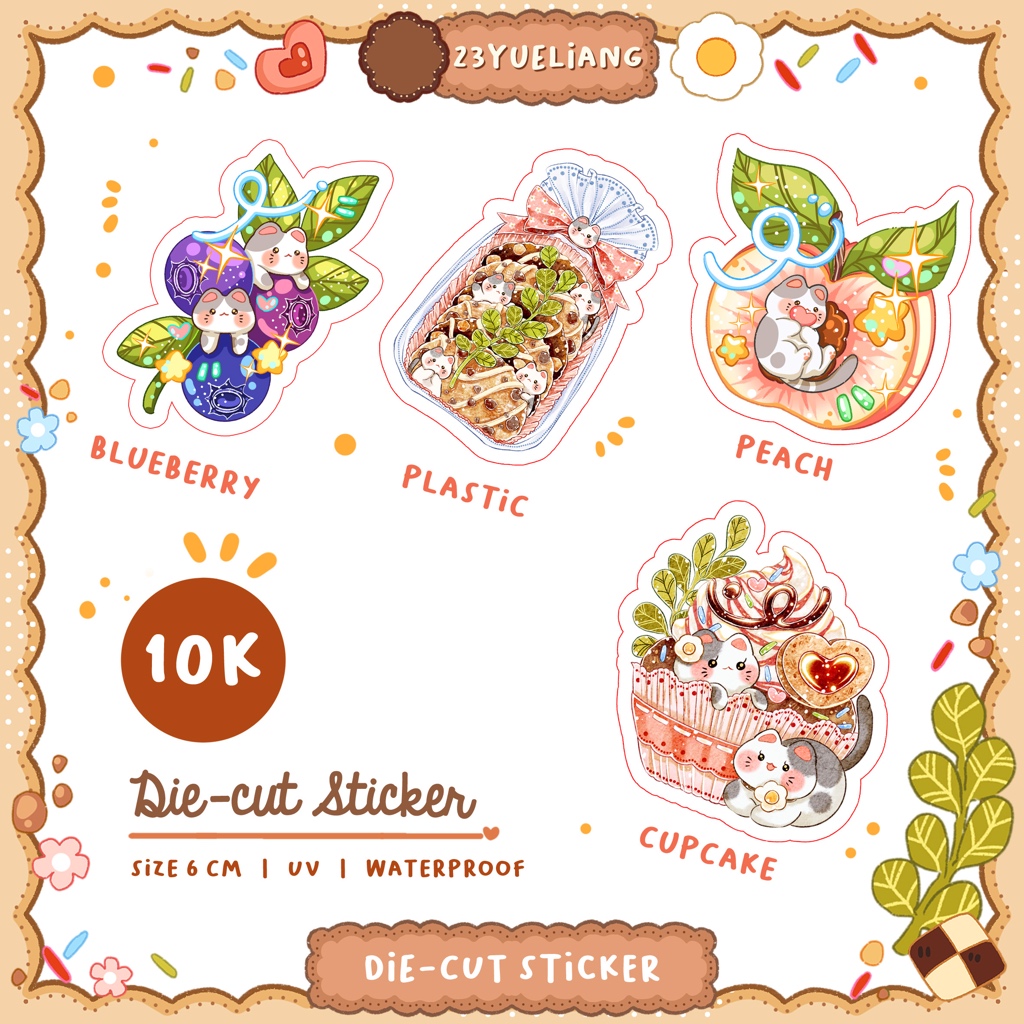 

Die cut Sticker UV Cat Cupcake, blueberry, Peach. Stiker waterproof dekor lucu