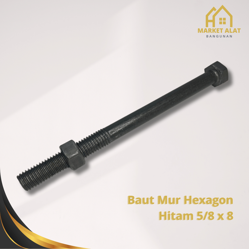 Baut Mur Hitam 5/8 x 8 / Baut Kunci 24 Panjang 20 cm 200 mm Drat Kasar Baja Hitam Hexagon