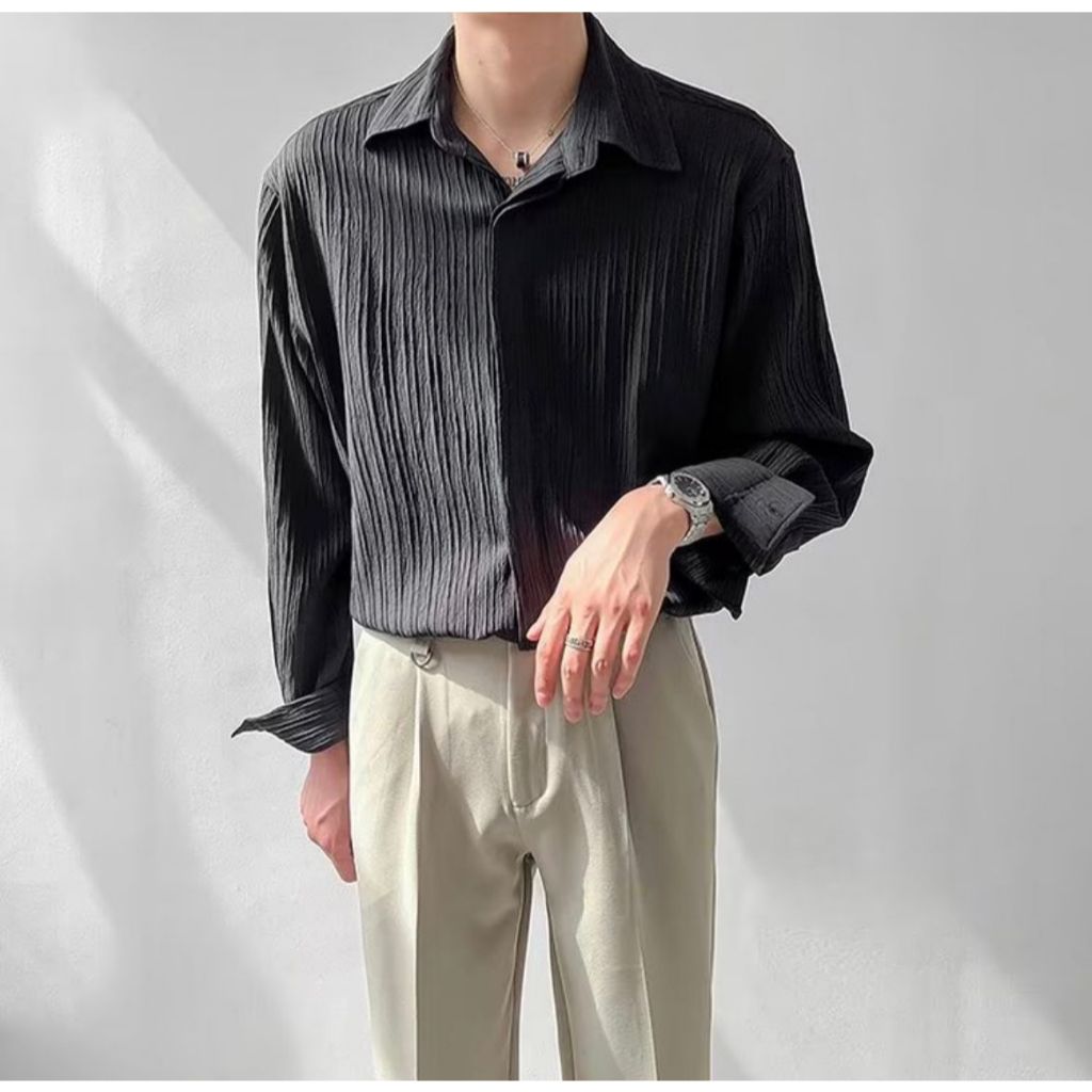 Kemeja Lengan Panjang Bahan Linen Korean Style Street Style Warna Hitam Putih Pria