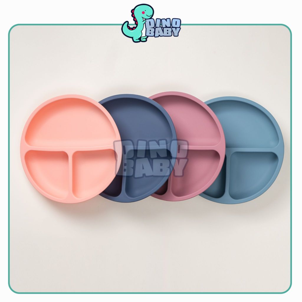 DINOBABY - Premium Piring Bulat Silikon dengan Tutup | Silicone Suction Plate | Set Makan Cantik GIF