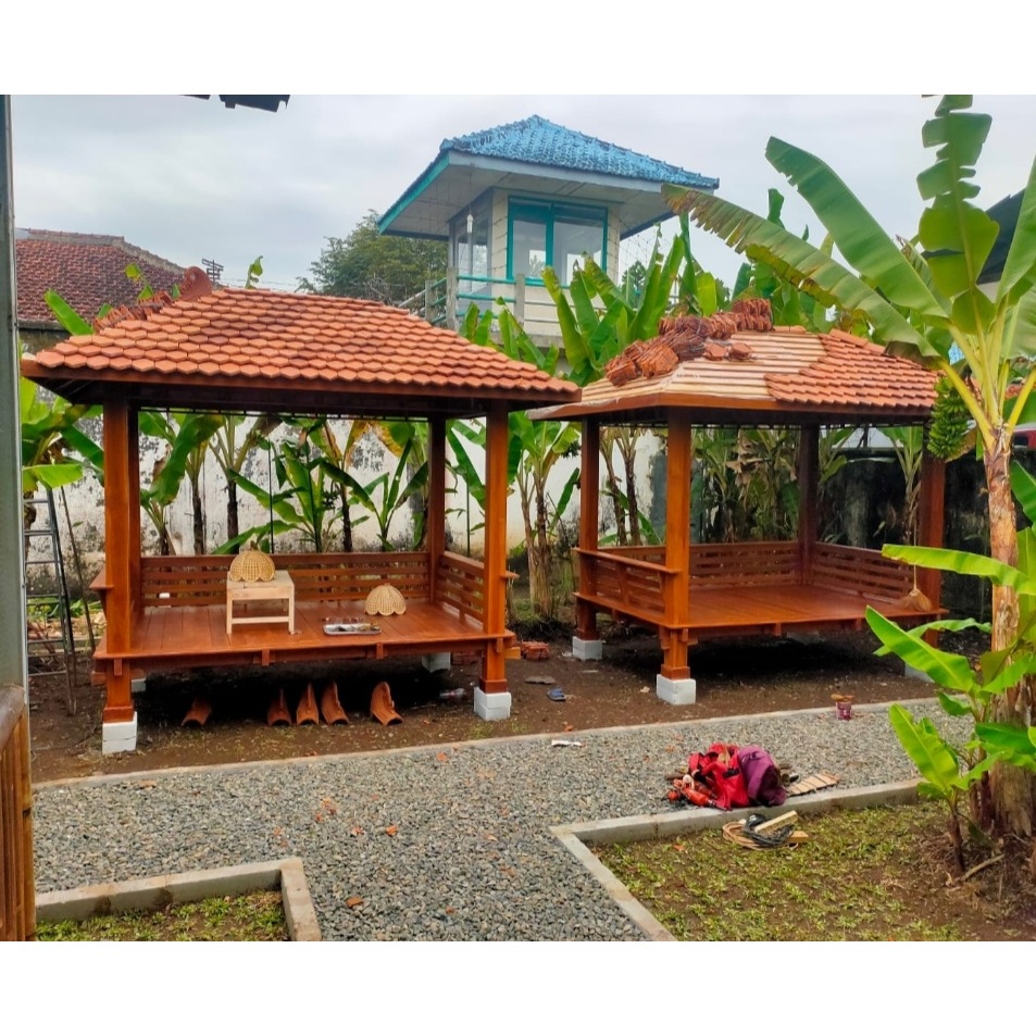 Gazebo Kayu Jati Atap Genteng Tanah | Saung Taman Model Clasik Modern | Rumah Kayu Minimalis