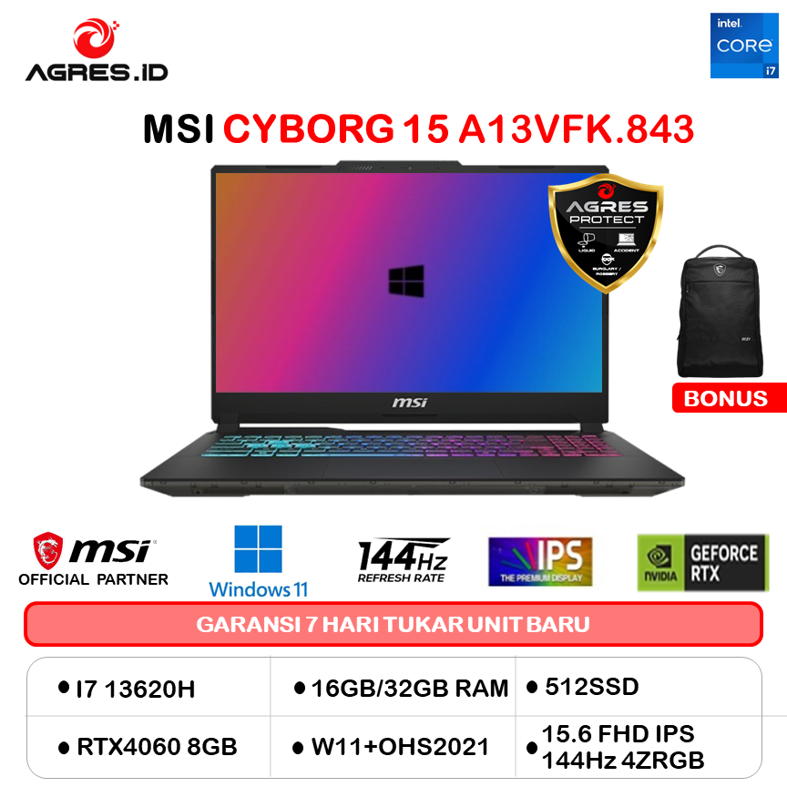MSI CYBORG 15 I7 13620H RTX4060 8GB/ 32GB 1TB W11+OHS 15.6FHD IPS 144HZ 4ZRGB 2YR BLK -A13VFK.1434