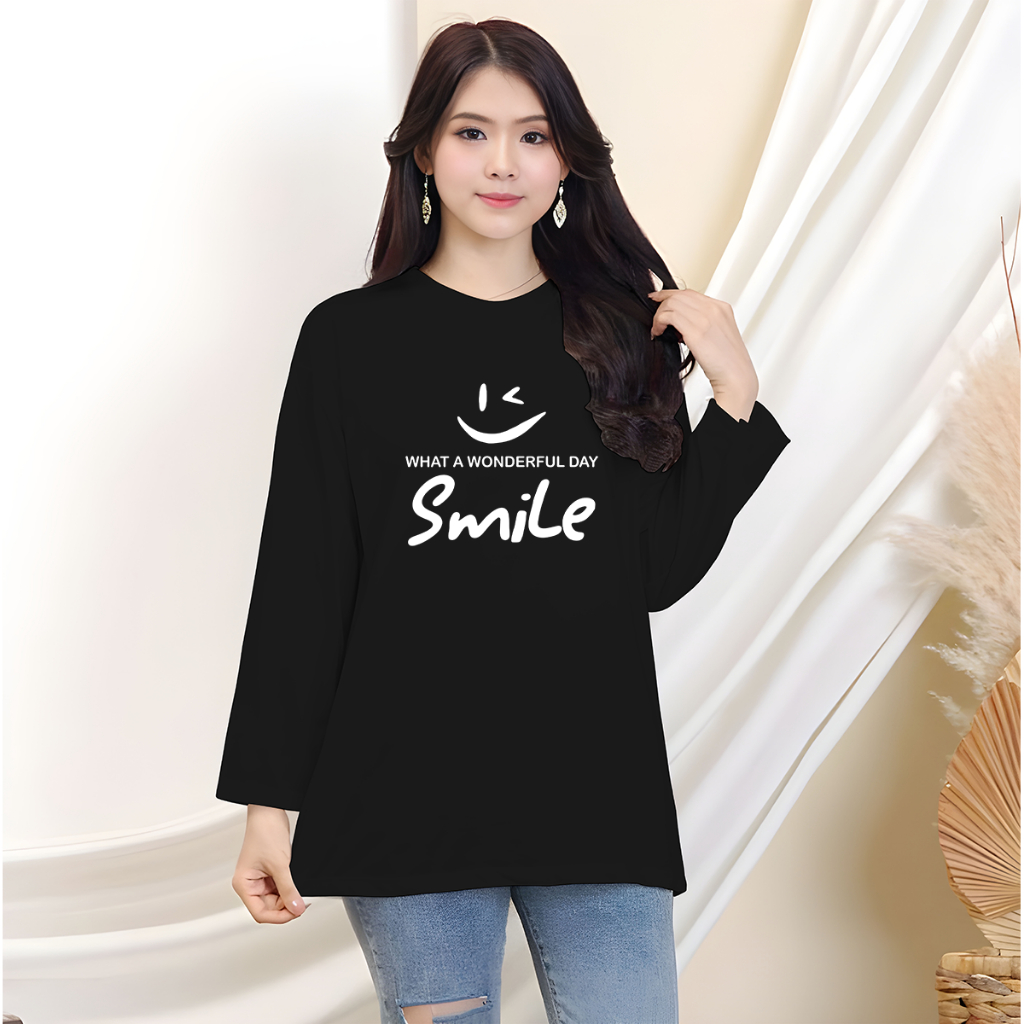 Kaos Oversize Wanita Lengan Panjang/ Kaos Distro Wanita/Kaos Streetwear Oversize Smile Putih