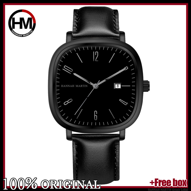 HANNAH MARTIN Jam Tangan Pria 100% Original Korean Model Terbaru Keren Quartz COWOK Kulit Tanggal Me