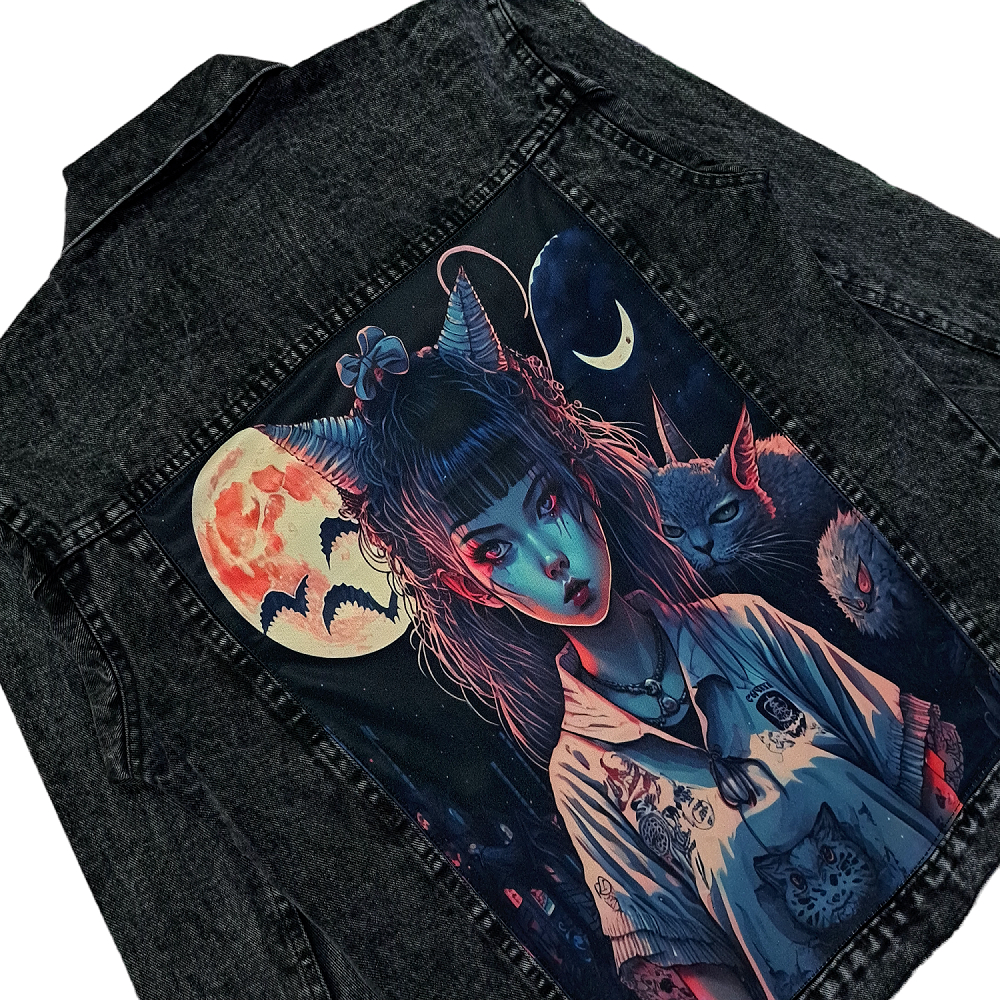 cyclopsdenim Jaket Jeans Denim Oversize Wanita - Sandwash Hitam Printing Cat Lady