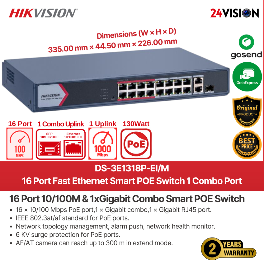 DS-3E1318P-EI/M HIKVISION SMART POE SWITCH 16 PORT POE 1 COMBO UPLINK & 1 Gigabit Port