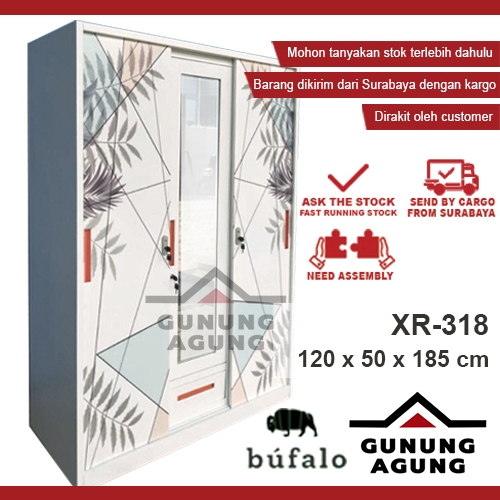 Lemari Baju Besi Cermin Sliding Swing XR-318 - Lemari Pakaian Besi 3 Pintu Besar 120