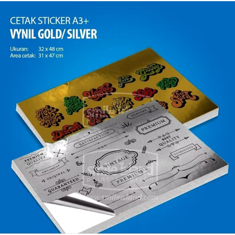 

Cetak stiker silver / gold metalize A3+ bebas desain sehari jadi