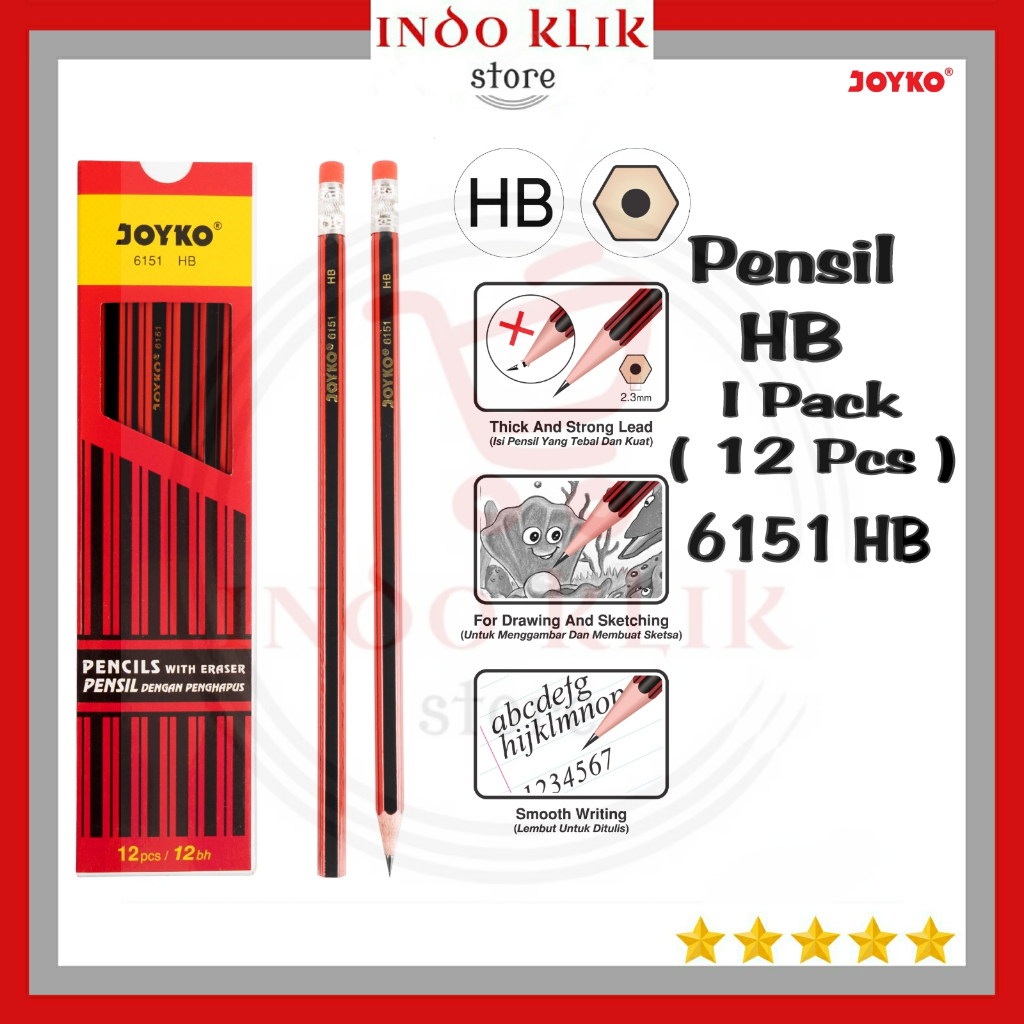 

Pensil kayu joyko penghapus 6151 / Pensil sekolah + stip 6151 merah strip hitam murah