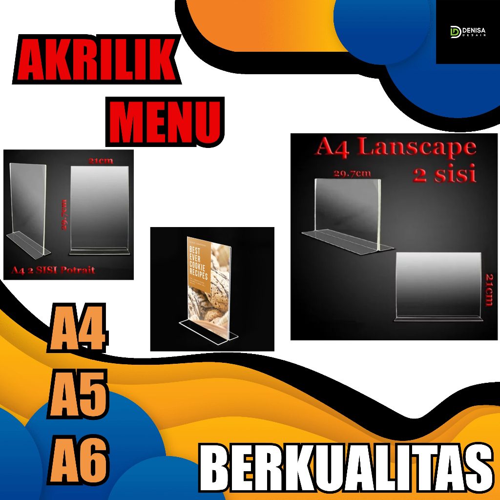 

Akrilik Display / Card Display / Nomor Meja / menu / tempat Brosur L Potrait A4 A5 A6