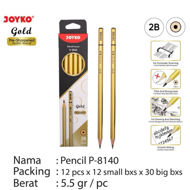 

( 12pcs ) P 8140 P 8141 / Pencil 2B Emas dan Perak / Sketch Drawing Pensil Gold Silver Color P-8140 P-8141 Joyko