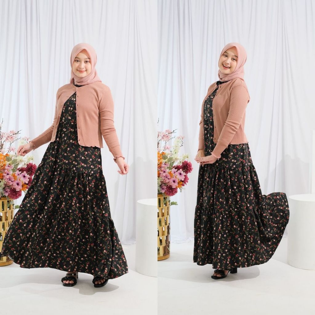 NTF - DRESS MAXI ROSE PANJANG LENGAN BUNTUNG / HOURI DRESS WANITA KOREA TANPA LENGAN / DRESS KOREA B