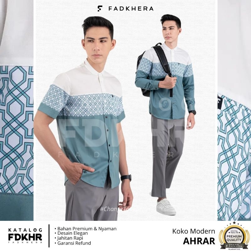 Koko Modern Fadkhera Ahrar Baju Pria Lengan Pendek Panjang Putih Tosca Motif
