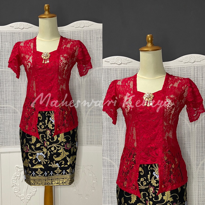 Kebaya Bali Set Brukat Lilit Merah Rok Pendek