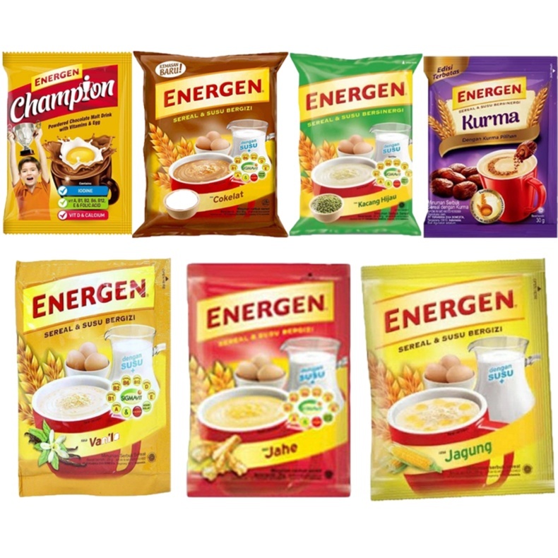 

Energen all varian Sereal MIX 5 Rasa Coklat, Vanila, Kurma, Jahe, Kacang Hijau 10pcs sarapan cereal