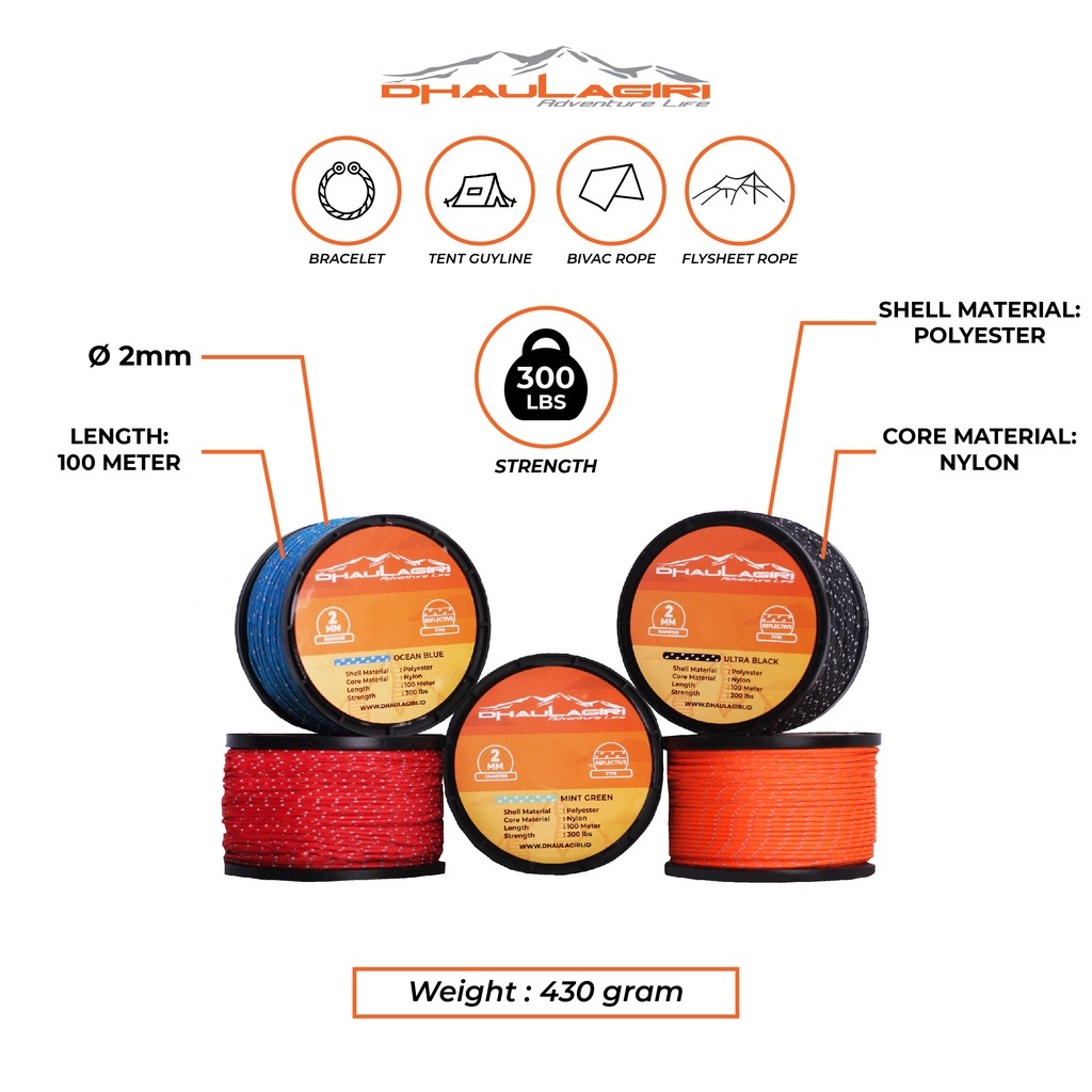 Tali prusik reflektif  1mm 2mm 3mm dhaulagiri paracord statis reflective reflektor menyala memantulk