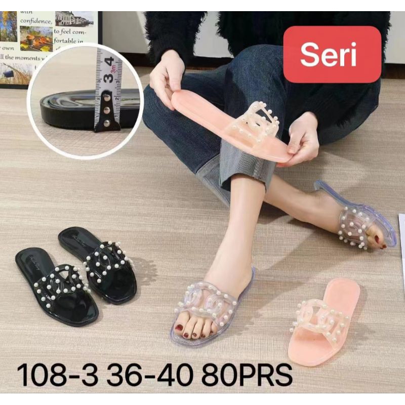 Sandal Selop Jelly Kaca Wanita Motif Gucc1 Mutiara/Duri Piramid 108-2/3