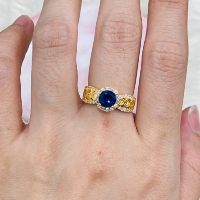 cincin permata biru bulat variasi love AD uk 12&14 elegant emas asli kadar 700