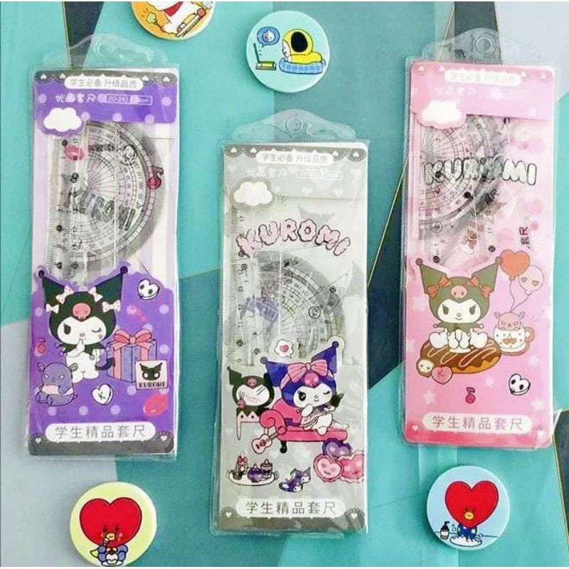 

Penggaris Sekolah 4 in 1 Kuromi Set Dompet Busur Segitiga