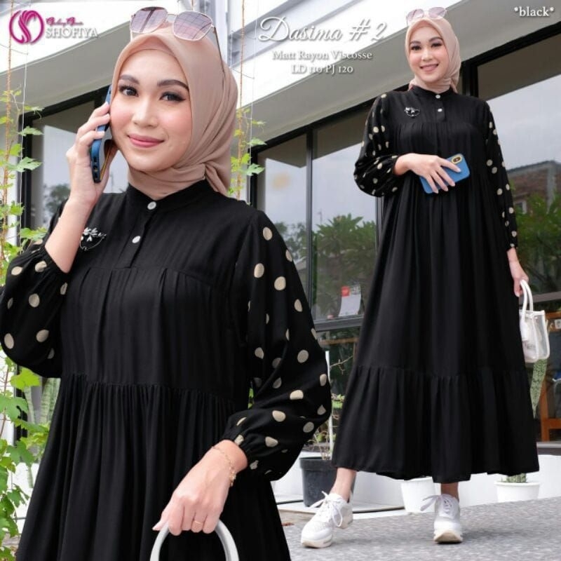 Dasima gamis polos kombinasi polkadot Midi dress bahan rayon terbaru gamis murah