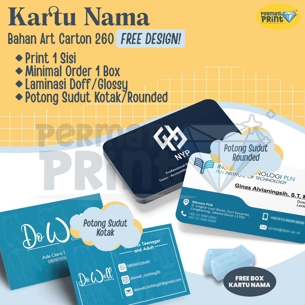 

Kartu Nama PerBox [FREE DESIGN] Laminasi Glossy dan Doff / Kartu Nama 1 Sisi Isi 100 Pcs / Bisnis Card 1 Muka Free Template Design