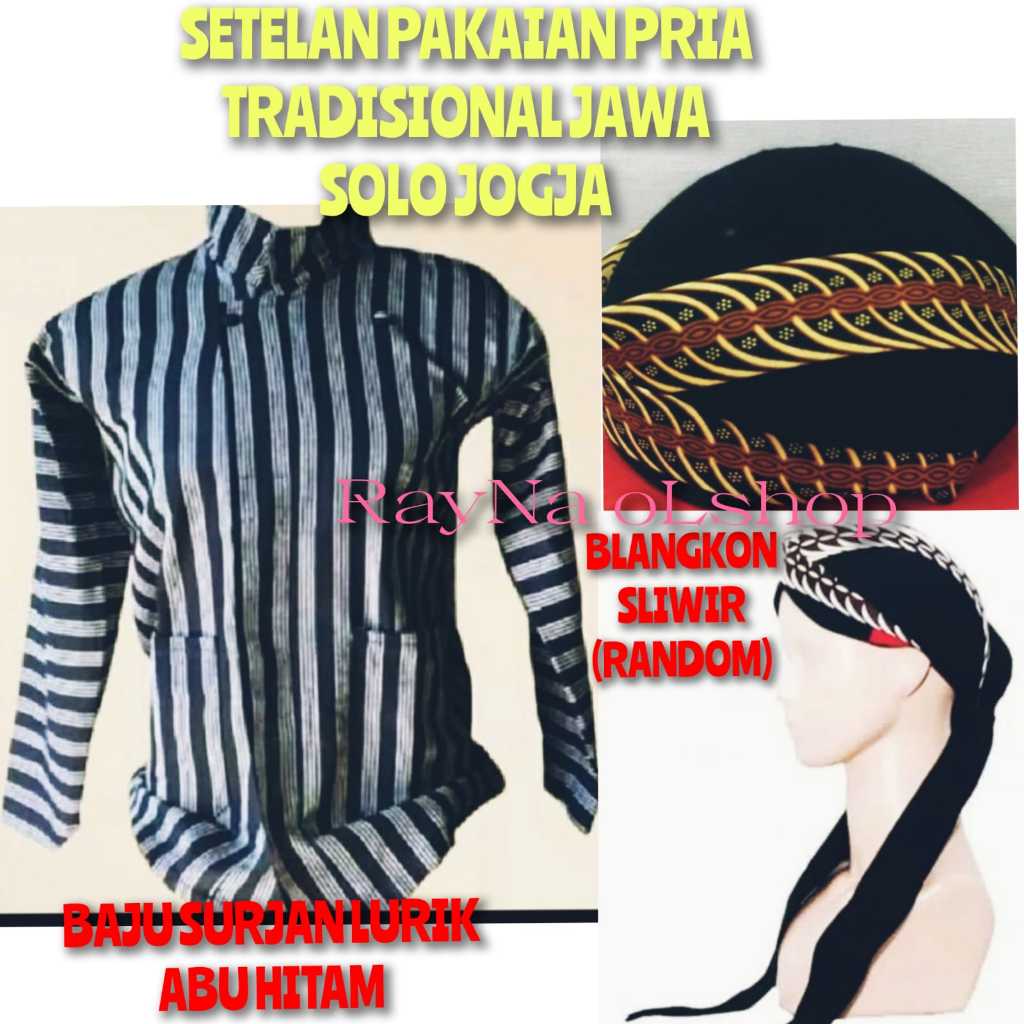 BAJU KEMEJA JAWA PRIA | SURJAN LURIK ABU HITAM + BLANGKON SLIWIR | SETELAN PAKET LENGKAP PAKAIAN PRI