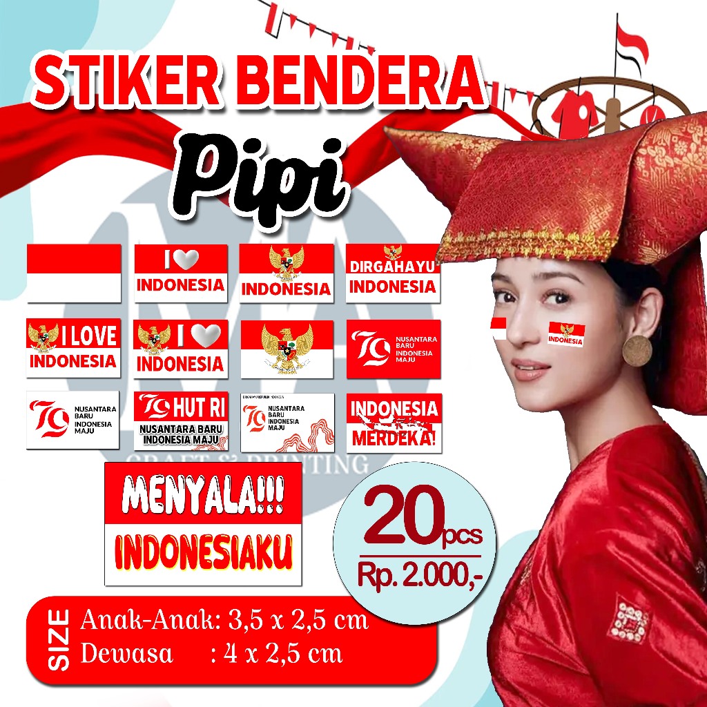 

Stiker Pipi Bendera 20 Pcs / Sticker Merah Putih / Sticker Bendera Tempel Pipi / Anak Dewasa