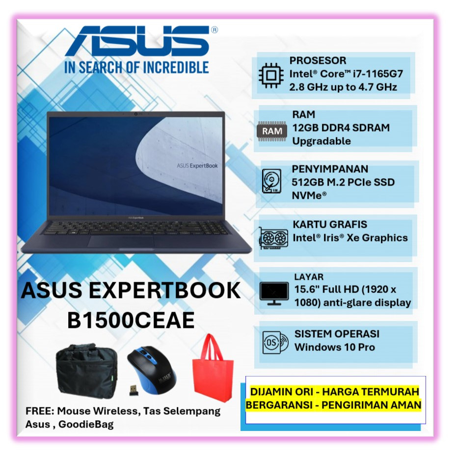 Laptop Kerja Asus ExpertBook Intel Core i7 16GB 1TB SSD 15 inch Full HD